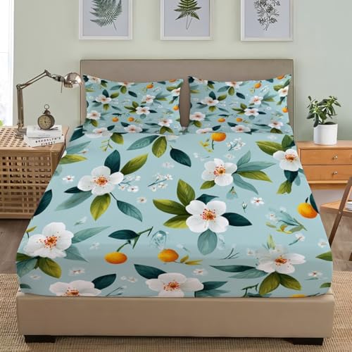 Spannbettlaken 120x200cm Tiefe Tasche 30 cm Mit 2 Kissenbezügen Einfache Pflanzen Und Blumen Weiches Hypoallergen Bettlaken Atmungsaktiv Spannbetttuch Hellblau Bettwäsche-Sets für Kind