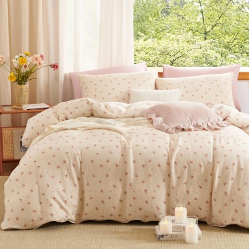 Lanqinglv Doppelte Musselin Bettwäsche 220x240 Baumwolle Beige Rosa Blumen,Renforce Leinenoptik ÖKO-TEX Bettwäsche Vintage Aesthetic mit Reißverschluss und 2 Kissenbezug 80x80cm