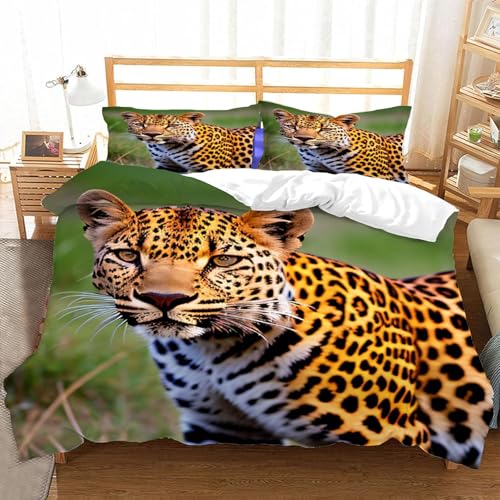 Leopard Bettwäsche 220x240 Wildtiere Bettbezug 3D Weiche Mikrofaser 3 Teilig Bettwäsche-Sets mit Reißverschluss und 2 Kissenbezüge 80x80 cm für Erwachsene J.1566