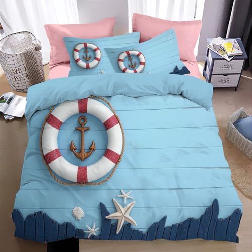 Bettwäsche 135*200cm Mikrofaser, Bettwäsche-Sets mit 1 Kissenbezug 80x80 cm, Anker- und Seesterndekorationen Thema Seereisen Bettbezüge, Bettbezug für Doppelbett mit Reißverschluss, Mintgrün