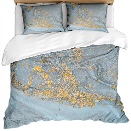 Bettwäsche 135X200 Kinder Jungen Mikrofaser 3 Teilig 3D Hellblaue Goldene Punkte Luxus Textur Fluid Art Muster Winter Bettbezug Set, Weiche Flauschige Bettbezüge Mit Reißverschluss Und 2 Kissenbezu