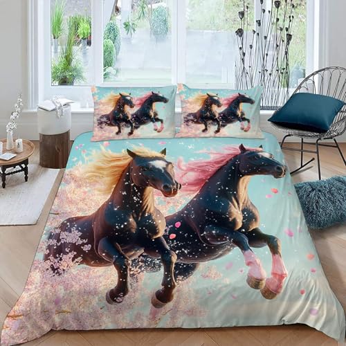 Bettwäsche 220x240 cm 3D Pferd Tier Druck Jungen Bettwäsche-Sets 3teilig Mikrofaser Kirschblüten Bemalt Bettbezug Weich Bettbezüge + 2 Kissenbezüge 80x80 Mit Reißverschluss Eckbinder