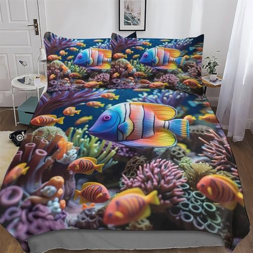 Fisch 3D Print Bettwäsche Bettbezug Schlafkomfort Microfaser Deckenbezug 3teilig Mit Reißverschluss Und Kissenbezug Erwachsene Teenager Kinder Bettbezüge Double (200x200cm)