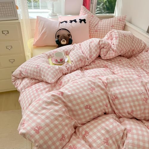 Covebett Bettwäsche 135x200 Kariert Rosa Weiß mit Schleifen Karomuster Mädchen Bettbezug 2teilig Aesthetic Modern Karo Weich Microfaser Deckenbezug mit Reißverschluss und Kissenbezug 80x80cm