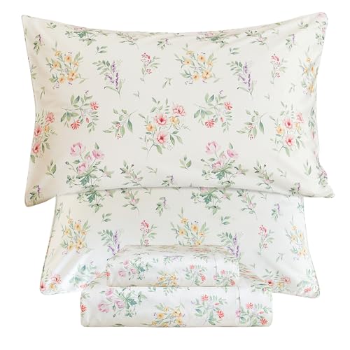 Lady Ann Bettlaken aus 100 % ägyptischer Baumwolle, mit Blumenmuster, extra 44,5 cm tiefe Taschen, bedrucktes Muster, Queen-Size-Bettwäsche-Se t, 4-teilig, grüne Blumen und Blätter, botanisches