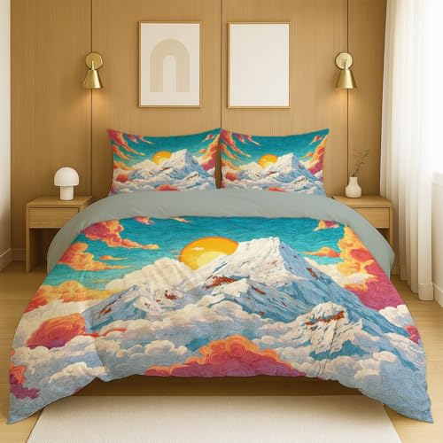 Generisch Bettwäsche-Sets Verstärkung Polyester mit Kissenbezügen für Kinderzimmer Blau Weiß Schneeberg Natur ästhetisch,135x200cm(53  x 79 )