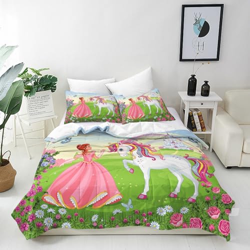 ANHOPE Prinzessin Einhorn Schloss Bettwäsche Set Microfaser Bettbezüge mit Reißverschluss 2 Teilig Bettbezug 100x135 cm + Kissenbezug 40x60 cm Weich Bettdeckenbezug Set für Kinder Mädchen