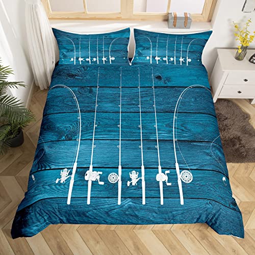 Fisch-Bettwäsche-Set, Angelgeschenke für Männer, Eisangelausrüstung, Bettbezug, Angeln, Trösterbezug, Retro, Aquarell, Holz, Angeln, Outdoor-Sport, rustikale Heimdekoration, Geschenk für Angler