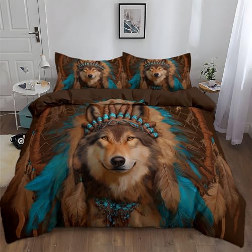 Generisch Bettwäsche Wolf Federn Türkis - 100% Mikrofaser 3 Teilig Bettbezug -Kopfkissenbezug 80 x 80 cm, Bettbezug200 x 200 cm für Allergiker geeignet, Weich Atmungsaktiv Bettwäsche Set Braun