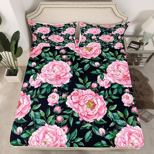 Pink Peony Einbaublech S Größe Aquarell blühende Blumen Bettdeckung, 1 Kissenbezug Grüne Blätter Gartenpflanzen Romantisch Bettwäsche Set für Jungen
