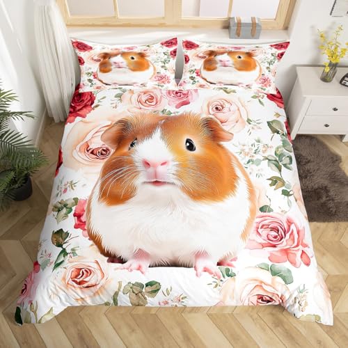 Homewish Bettwäsche Set für Einzelbett, Motiv: Meerschweinchen, Einzelbett, 1 Kissenbezug, rote rosa Rosen Blumen, niedliches Meerschweinchen Motiv, Bettbezug mit Blütenmuster