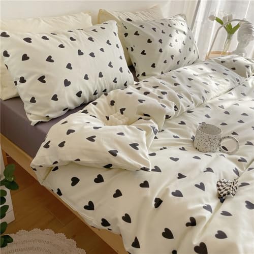 Covebett Herz Bettwäsche 135x200 Weiß mit Schwarz Herzen Muster Romantisch Weiche Mikrofaser Bettbezug Herzchen Aesthetic Bettwäsche-Sets 2 Teilig mit Reißverschluss und Kissenbezüge 80x80 cm