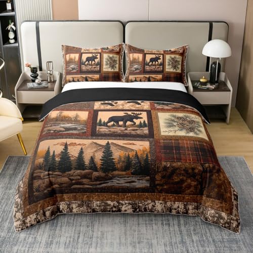 Jagd Hirsch Elch 100% Baumwolle Bettbezug für Kinder Erwachsene,Kabine Lodge Bettwäsche Set 155x220,Rustikales Bauernhaus Tröster Abdeckung,Patchwork Bett Set mit 1 Kissenbezug Schlafzimmer Dekor