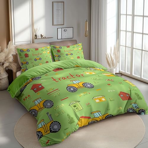 CozyRest Kind Bettwäsche 100 x 135 cm, Cartoon Bauernhof 2 Teilig, Weiche Microfaser Wende Grasgrün Bettwäsche Reißverschluss 1 x 40x60cm Kissenbezüge