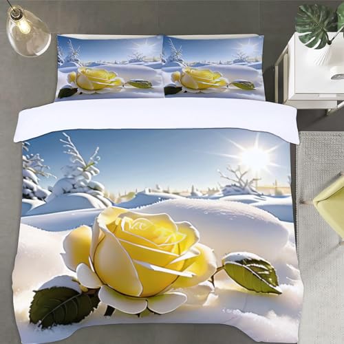 Rose Bettwäsche 200x200 Schnee Bettwäsche-Sets, 3D Microfaser Bettbezug 3Teilig Duvet Cover mit Reißverschluss und 2 Kissenbezug 80x80cm