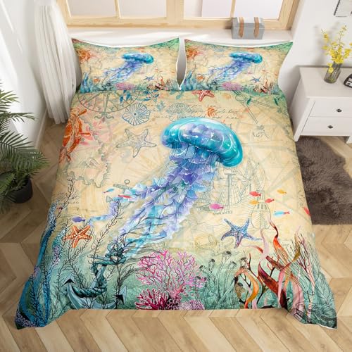 feelingyou Blue Jellyfish s Größe Bettdecke Set, Nautischer Anker Korallenfisch Bunte umkehrbare Set mit 1 Kissenbezügen, Retro Meer Abenteuer atmungsaktive Bettwäsche Set (Nicht Troster)