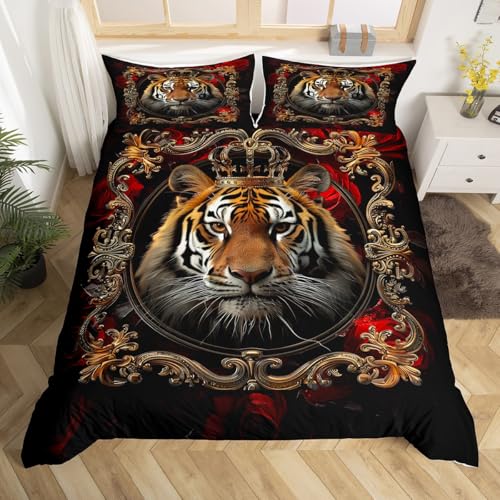 Tiger Bettdecke Abdeckung S Größe, Rote Rose Crown Druck Bettwäsche Set, Wilde Tier Thema Deckbeckung, Kinder Jungen Mädchen Zimmer Dekor, Weiche Polyester Quilt Abdeckung, 1 Kissenbezug