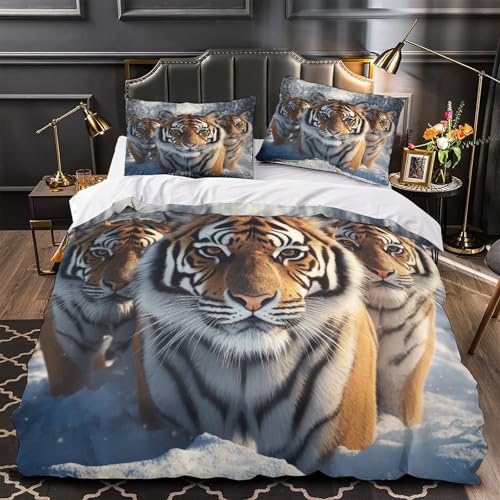 ZZVRMCYLD Tiger-Trio-Bettwäsche-Se t, 3D-Druck, Mikrofaser, leicht, verdeckt, Wildtier-Bettbezug, 2 Kissenbezüge, hautfreundlich, Heimdekoration, Kinder und Mädchen, Doppelbett (200 x 200 cm)