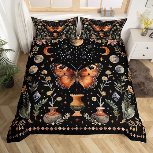 Homemissing Schmetterling Betten Zimmer Dekor Boho Motte Bettwäsche Set 135x200cm für Kinder Jungen Mädchen Schwarzer Himmel Bettbezug Boho Exotische Mondstern Bettwäsche-Set
