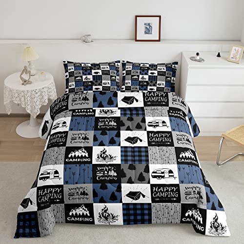 Erosebridal Camper-Bettwäsche-Set, volle Größe, Happy Camping-Bettwäsche-Set für Kinder, Jungen, Teenager, Erwachsene, Schlafzimmer, rustikales Bauernhaus, Daunen-Steppdecke, Zelt, Pfeile, kariert,