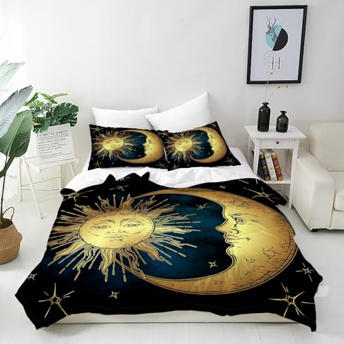 ANHOPE 2 Teilig Bettbezug 90x190 cm + Kissenbezug 40x60 cm Boho Golden Sonne Mond Sterne Bettwäsche mit Reißverschluss Weich Microfaser Bettbezüge Set