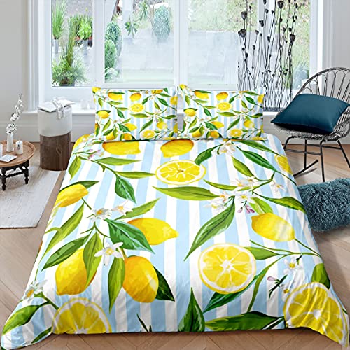 Gelbe Zitrone Bettwäsche-Set Freash Lemon Fruits Grüne Blätter Bettwäsche Set 135x200cm Blaue weiße Streifen Betten Set für Kinder Jungen Mädchen Teenager 2St.Reißverschluss Mikrofaser