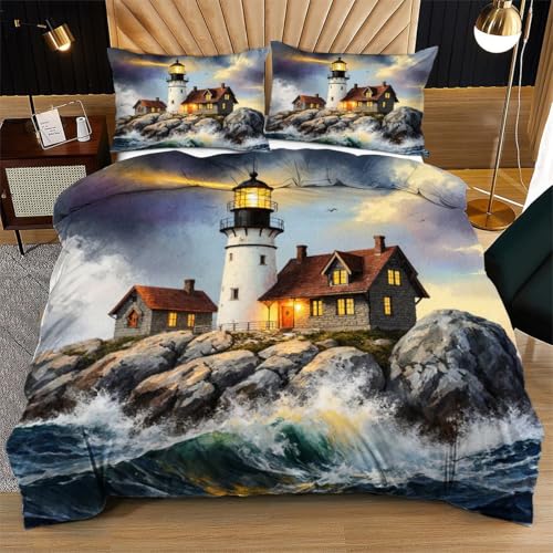 Nuphtun Bettwäsche-Set 135x200 cm Grauer Leuchtturm, 3D Microfaser Weich Bettdeckenbezug mit 2 Kissenbezügen | Knitterarm, Trocknergeeignet, Perfekt für Kinderzimmer, Gästezimmer L33-