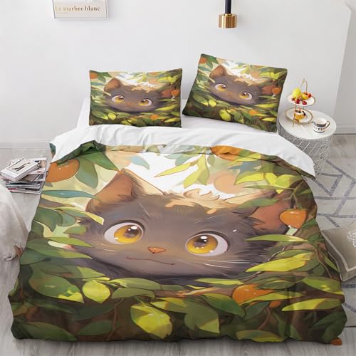 NUEYSP Bettwäsche 200x220 Graue Katze Bettwäsche-Sets 3D-Motiv, Mikrofaser, 1 Bettbezug 200x220 + 2 Kissen 80x80 mit Verdecktem ReißVerschluss für Mädchen Jungen.