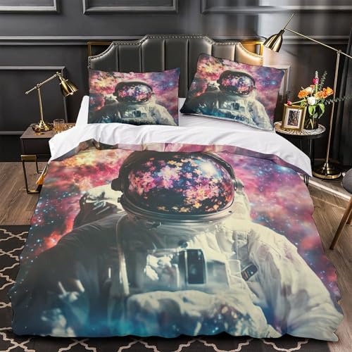 WTORIMPEL Weltraum-Astronaut 3D Bedruckt Bettbezug 3teilig Mikrofaser hautfreundlich kosmisches Blumendesign Deckenbezug 2 Kissenbezüge pflegeleicht Paare Familie Single?140x200cm?