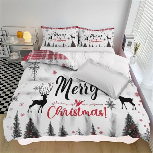 DLERFLOVR Bettwäsche Set 155x220cm Weihnachtsbaum, Hirsch, Schneeflocke Wendebettwäsche Rot-Schwarz Kariert Weich Bettbezug mit Reißverschluss und 2 Kissenbezug 80x80cm, Schwarzweiß