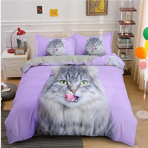 LMMSMGS Bettwäsche 135x200 Graue Katze Bettwäsche-Sets– Weiches Mikrofaser-Set mit Bettbezug 135x200 + 1 Kissenbezüge 80x80 mit Reißverschluss Eckbinder für Mädchen Jungen