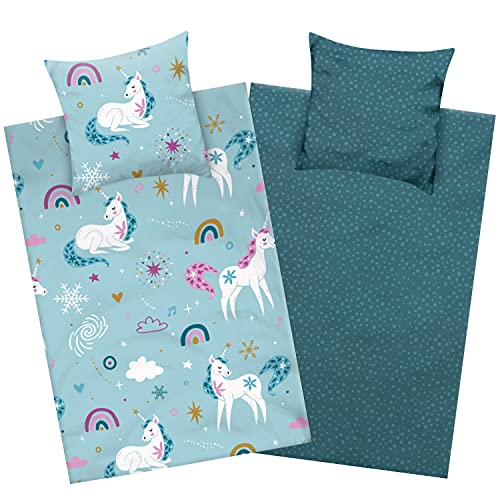 Aminata kids Bettwäsche Einhorn 135 x 200 Biber Mädchen Flanell Baumwolle Petrol mit Regenbogen - Kinder-Wende-Bettwäsche- Set - Reißverschluss | ÖkoTex | Unicorn | Pferde Tier-Motiv