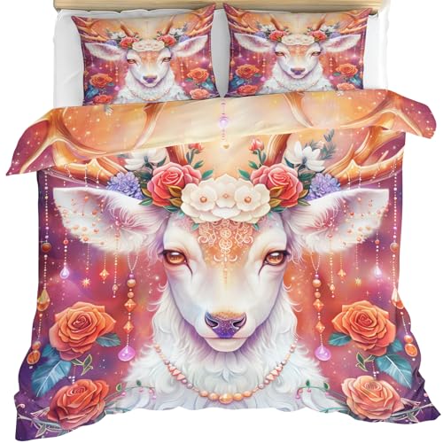 Generisch Weißes Hirsch Bettwäsche 200x220 cm, Blumen Weißen Hirsch Druck Bettbezug 1 Deckenbezug mit Reißverschluss und 2 Kissenbezug 80x80cm