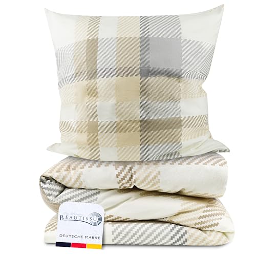 Beautissu Biber Bettwäsche 135x200 cm 2teilig Mira – Warme Flanell Winterbettwäsche Biberbettwäsche Bettbezug & Kissenbezug 80x80 cm, Warme Feinbiber Bettwäsche 135x200 Bettwäsche-Sets Beige