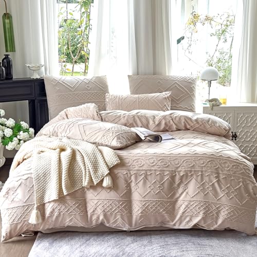 Amolavet Boho Bettwäsche 135x200 2teilig Set Beige Getuftet Vintage Geometrische Muster aus Weich Bügelfreie Gebürstetem Mikrofaser - Boho Deko Sommer Bettwäsche 135x200 für Einzelbett