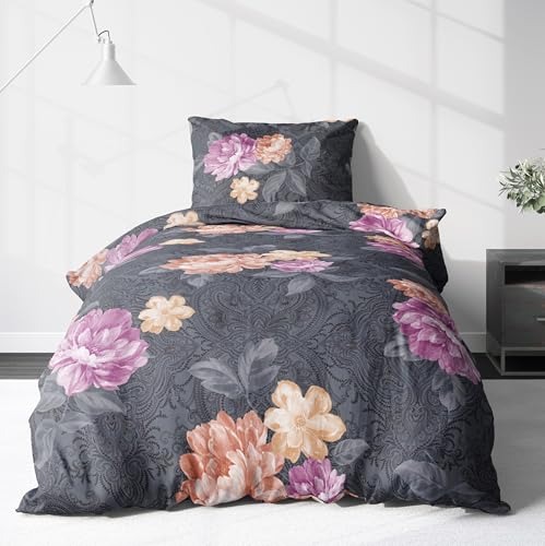 LINKHOFF Biber Bettwäsche Set 2tlg 135x200 cm + 80x80 cm – Rosen Fein-Biber Bettwäsche Grau – Flauschige Winterbettwäsche mit Blumen - Atmungsaktiv, Reißverschluss - 100% Baumwolle