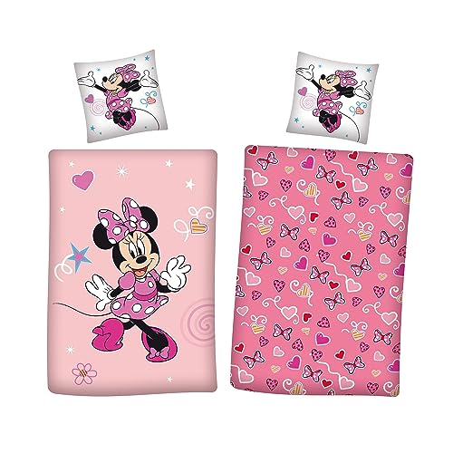 Minnie Mouse Winter-Bettwäsche Set 135x200 + 80x80 cm aus 100% Baumwolle · Rosa Biber-Bettwäsche mit Herzen und Schleifen für Mädchen
