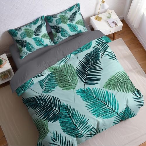 Türkis Bettwäsche Set 200 x 200 cm Aquarell-Palmenblätter Mikrofaser 3 teilig Deckenbezug mit Reißverschluss und 2 Kissenbezüge für Erwachsene Teenager