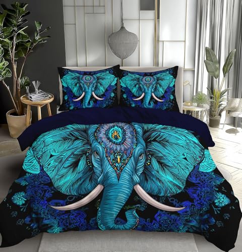 TDNEKMCA Bettwäsche Set Elefant Bettbezug 200x200cm Mandala 3D-Digitaldruck Bettwäsche-Sets 3 Teilig Weiche Mikrofaser Bettbezug mit Reißverschluss und 2 Kissenbezug 80x80cm, Türkis