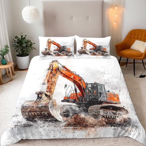 Generisch Bettwäsche 135x200 cm 3D Aquarell-Stil Bagger Druck Kinder Bettwäsche-Sets 3teilig Mikrofaser Bedding Bettbezug 135x200 Weich Bettbezüge + 2 Kissenbezüge 80x80 Mit Reißverschluss Eckbinder