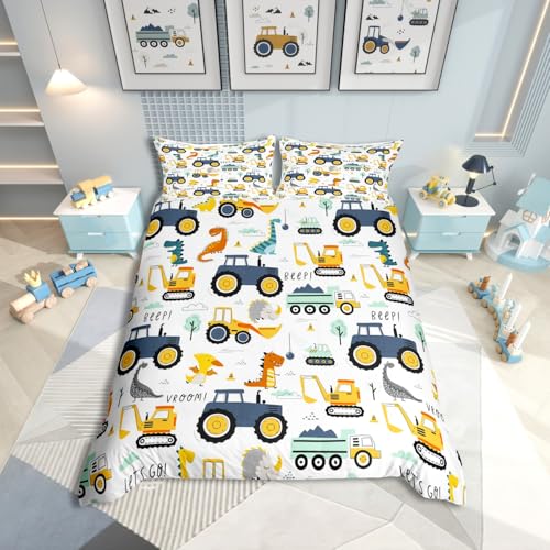 Jungen Cartoon Auto Bettwäsche Set 135x200,Kinder Bau Fahrzeuge Tröster Abdeckung für Kind Kleinkind Teens,Dinosaurier Bettbezug,Traktor Maschinerie Bagger Bettdecke Abdeckung,Lkw Autos Bettwäsche