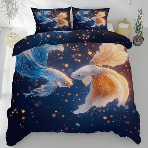 Kampffisch Mit Tiermuster Bettwäsche 135x200 Fische Im Fantasy-Kunststil Bettwäsche Set, Weich Microfaser Kuschelige Bettwäsche, Sternenhimmel Mit Sternen Wendebettwäsche Bettbezug und Kissenbezug