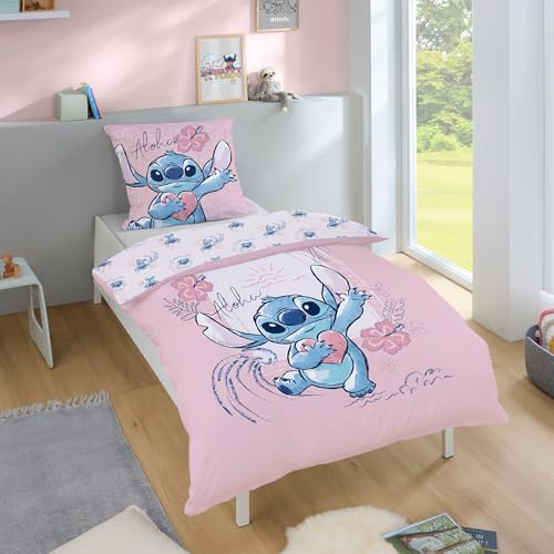Disney Stitch Kinderbettwäsche 2-teilig 135x200 cm + 80x80 cm - Bettwäsche mit Reißverschluss - Hautfreundlich & atmungsaktiv aus 100% Baumwolle - Farbecht, pflegeleicht & Öko-Tex Zertifiziert