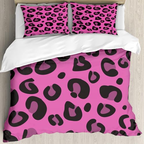 MJNLYDAO Sleeptime 100% Baumwolle Bettwäsche - Bettbezüge mit Reißverschluss - Set mit 2 Kissenbezüge,Pink, Leopard Tierhaut Muster im abstrakten Stil,200x228 cm