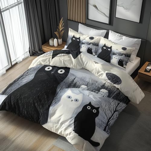 Generisch Bettwäsche Katzen 2tlg, Deckenbezug 135x200, 1 Kissenbezug 80x80, Tiermotiv Katzenmotiv Katze Wald Wendebettwäsche & Deko, Weiche Mikrofaser Bettbezug Set mit Reißveschluss G8