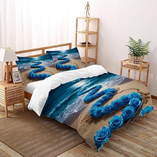 VulcanTrade Blaue Rose Beach 3D-Druck Flower Bettwäsche Set Für Erwachsene,Kinder (Jungen Und Mädchen) 3 Stücke Bettwäsche Set Und 2Kissenbezüge Mit Reißverschluss Double?200x200cm?