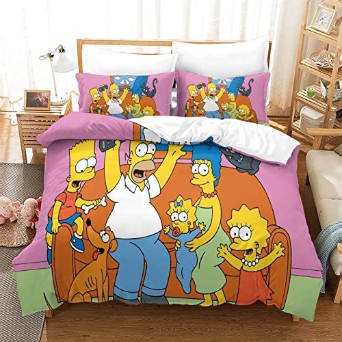 YINGD The Simpsons Bettbezug-Set, Bettwäsche-Set, Anime-Charaktere, Bettbezüge, pflegeleicht, mit Reißverschluss, Bettbezüge, 1 x Kissenbezug, 2-teilig (220 x 240 cm)