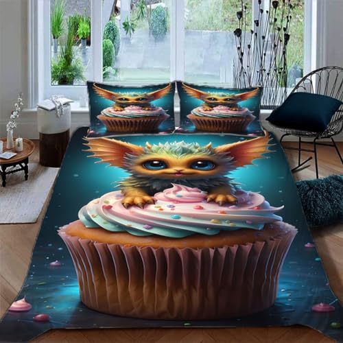Zbeiba Bettwäsche 135x200,Bettbezug Set 3 Teilige mit 2 Kissenbezug,Elfen-Cupcake Muster?135x200+2 * 80x80,#4?