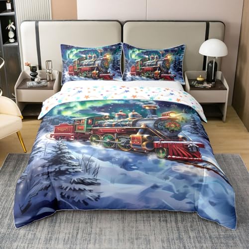 Retro Zug 100% Baumwolle Bettbezug 135x200 für Kinder Teens,Weihnachten Dampfmaschine Bettwäsche Set,Grüne Polarlichter Bettbezug,Fahrzeuge Transport Bett Set mit 1 Kissenbezug Atmungsaktiv