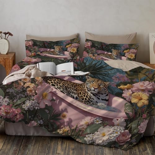Bettwäsche Set 155x220cm, Badewanne Leopard Motiv Bettwäsche 3teilig Mit ReißVerschluss,1 Bettbezug+2 Kissenbezug 80x80 cm, Pop-Art Drucken Kinder Bettwaren